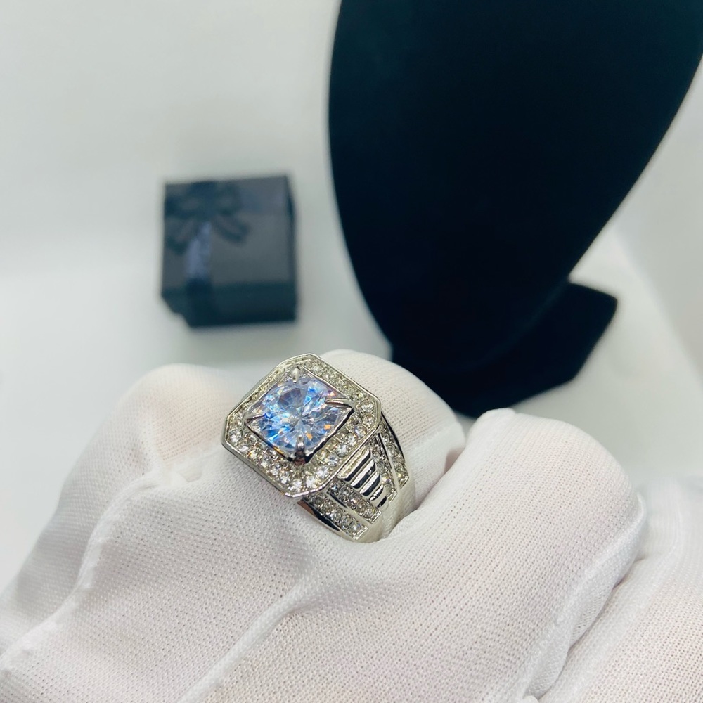 NEW Men Silver Square Diamond Wide Band Ring - Picture 7 of 11